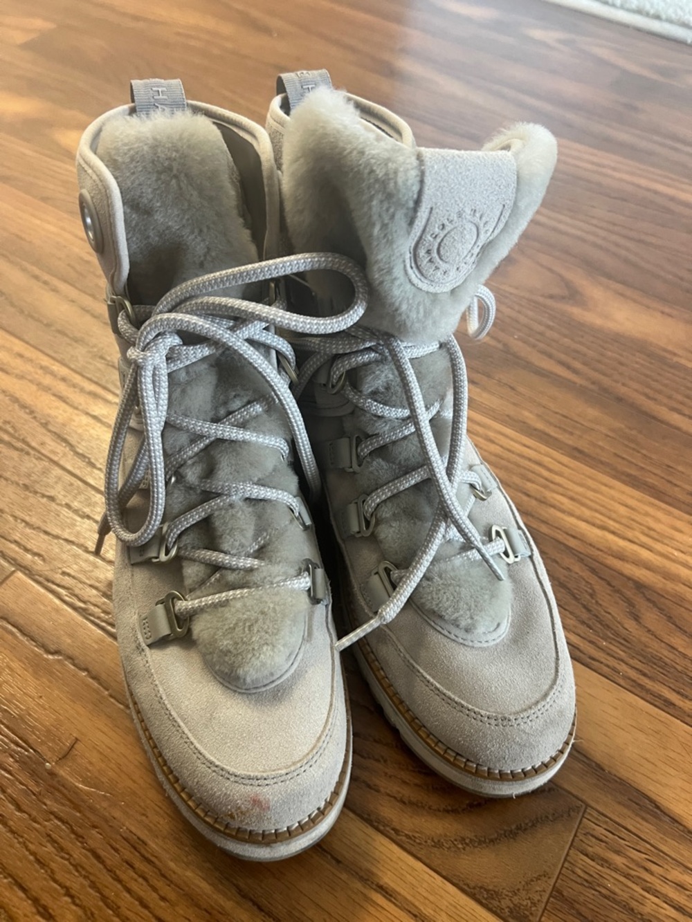 Cole Haan Light Gray Suede Lace-Up Shearling Ankle Boots